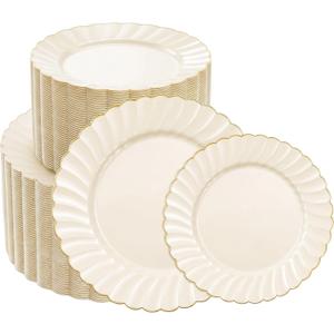 200 Pc Scalloped Ivory Gold Plastic Plates for Party