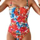 B2prity One Piece Swimsuit for Women Tummy Control Retro Bathing Suit Button Up Slimming Swimwear (X-Large, Red Floral Print)