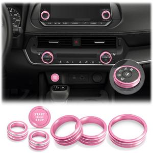 Polodunn for 2026 2025 2024 2023 2022 2021 Nissan Rogue Accessories with 8" Screen, 7pcs Aluminum Alloy Trim Set - A/C, Volume Tune & 4WD Knob Cover, Push Start Button Cover/Ring (Pink)