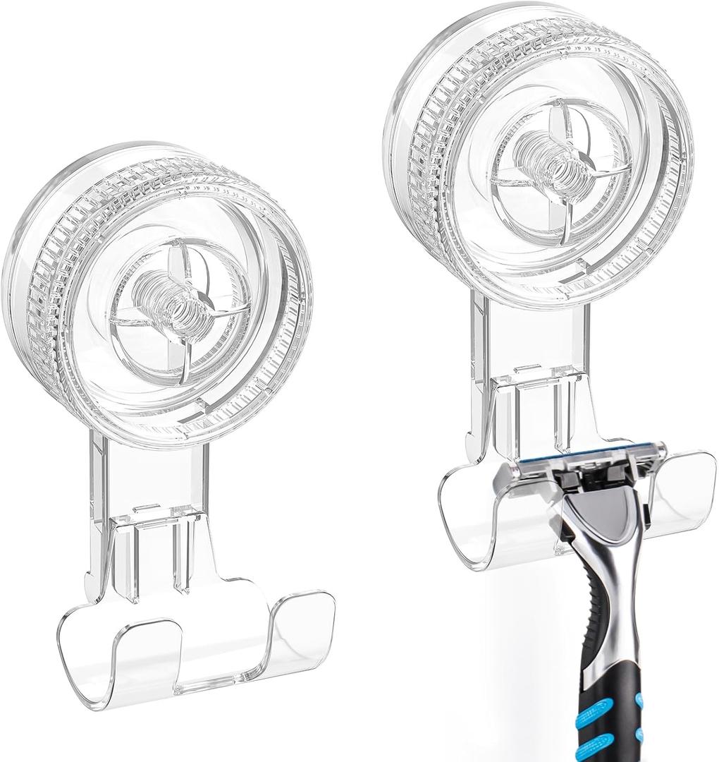 LUXEAR Suction Hooks, 2 Pack Razor Hooks Removable & Reusable Suction Shower Hook Waterproof Powerful Vacuum Suction Hanger for Towel Bathrobe Loofah Bathroom Kitchen Storage Hooks Weather Hanger Hook