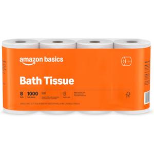 Amazon Basics 1000 Sheet 1-Ply Bath Tissue, 8 Rolls, Septic Safe