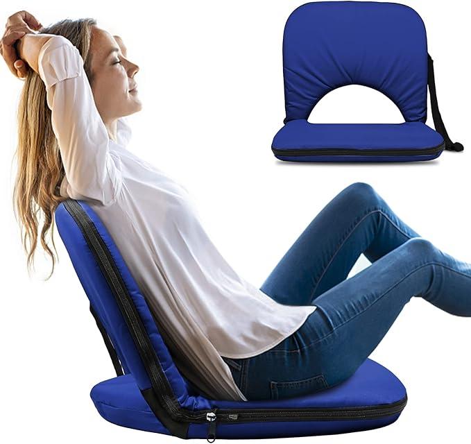 Stadium Seat with Back Support, Folding Bleacher Seat with 20In Cushion, 6 Reclining Positions Bleachers Chair with Back and Cushion, Multifunctional Floor Stadium Chair for Indoor or Outdoor, Color Black