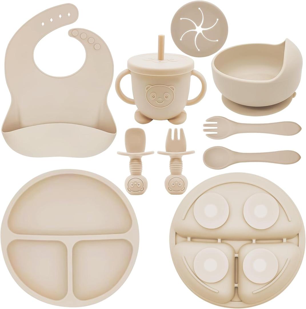 Silicone Baby Feeding Set | Baby Led Weaning Supplies Includes Suction Bowls and Divided Plates, Adjustable Bib, Baby Utensils Spoons and Forks, Cup | Baby Feeding Essentials (Beige)
