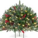 Outdoor Christmas Tree Frosted Urn Filler, Pre-lit Artificial Xmas Tree with LED Lights, 18 Inch Small Christmas Tree with Cones & Red Berries (1ft 6in, Green & Warm Light)