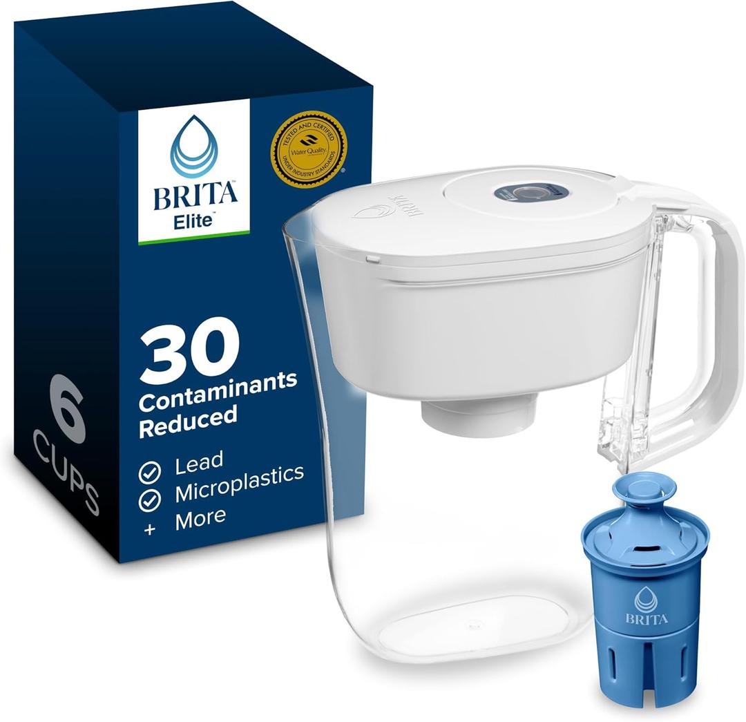 Brita Small 6 Cup Denali Water Filter Pitcher with 1 Brita Elite Filter, Made Without BPA, White