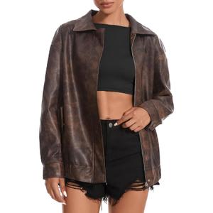 Casly Lamiit Women's Faux Leather Jacket Oversized Motorcycle Zipper Bomber Coats Fashion Casual Travel Outfits, Brown, X-Small