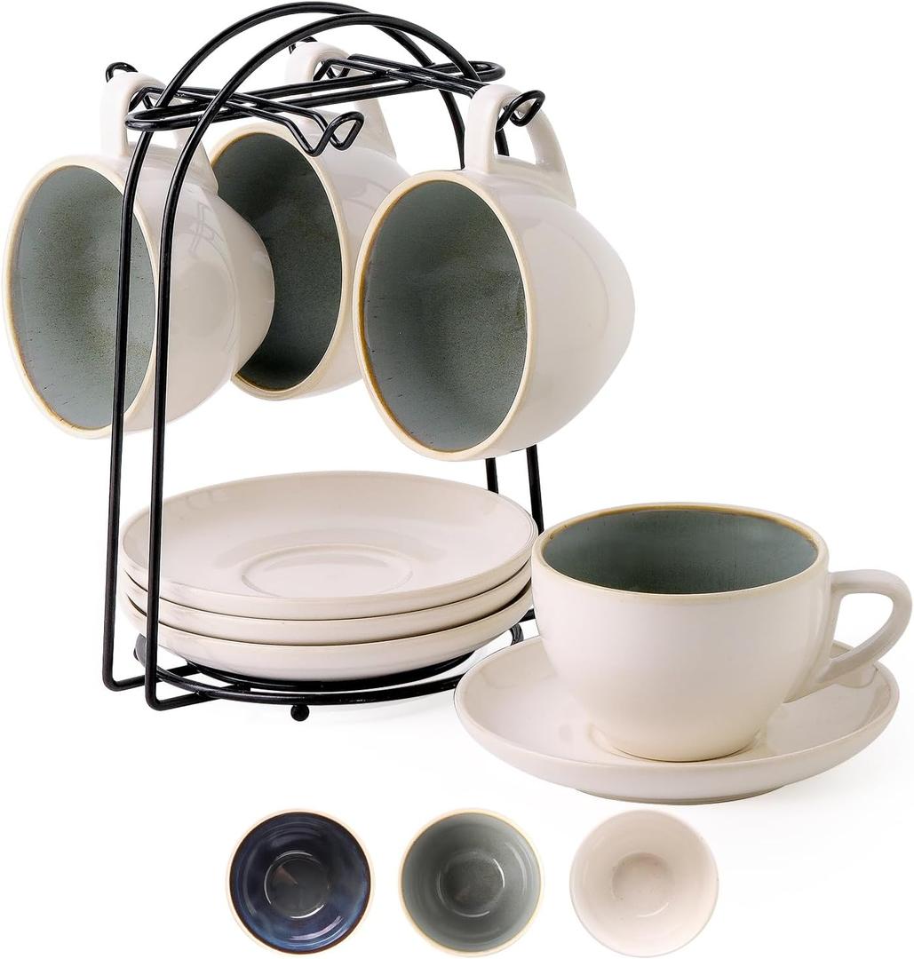 SIDUCAL Stackable Cappuccino Cup Set of 4 [8oz] Ceramic Coffee Cups with Saucers and Cup Holder, Microwave/Dishwasher Safe, Espresso Demitasse Cups