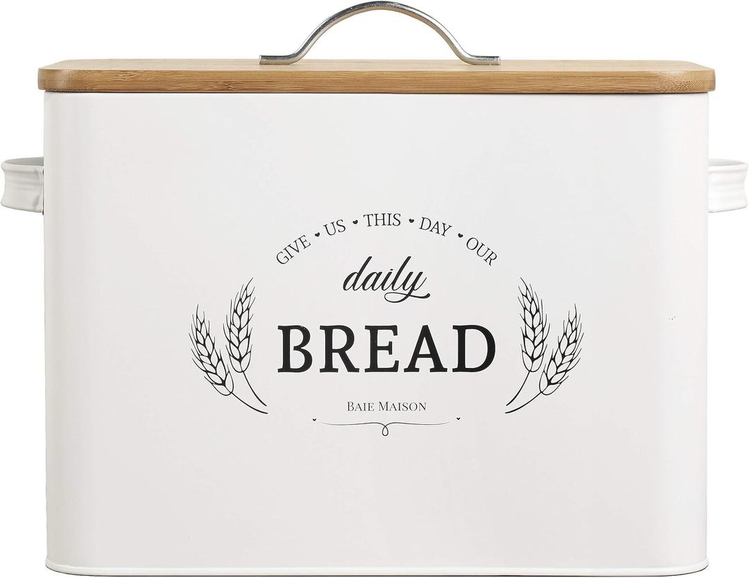 Baie Maison Extra Large White Farmhouse Bread Box for Kitchen Countertop - Breadbox Holder Fits 2+ Loaves - Bread Storage Container Bin - Rustic Bread Keeper Vintage Metal Kitchen Decor for Counter