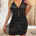 Saodimallsu Womens Crochet Swim Cover Up 2 Piece V Neck Sleeveless Front Tie Crop Tops Beach Mini Skirt Coverup Set (S)