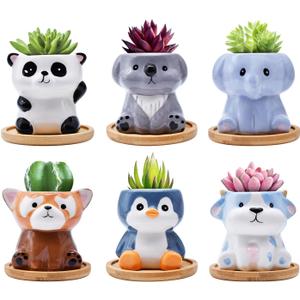 6 Pack Animal Ceramic Succulent Pots with Drainage  Mini Cute Planters with Bamboo Trays for Indoor Plants & Cactus, Adorable Animal Pots for Desk, Office, Home Decor, Gift for Kids & Plant Lovers