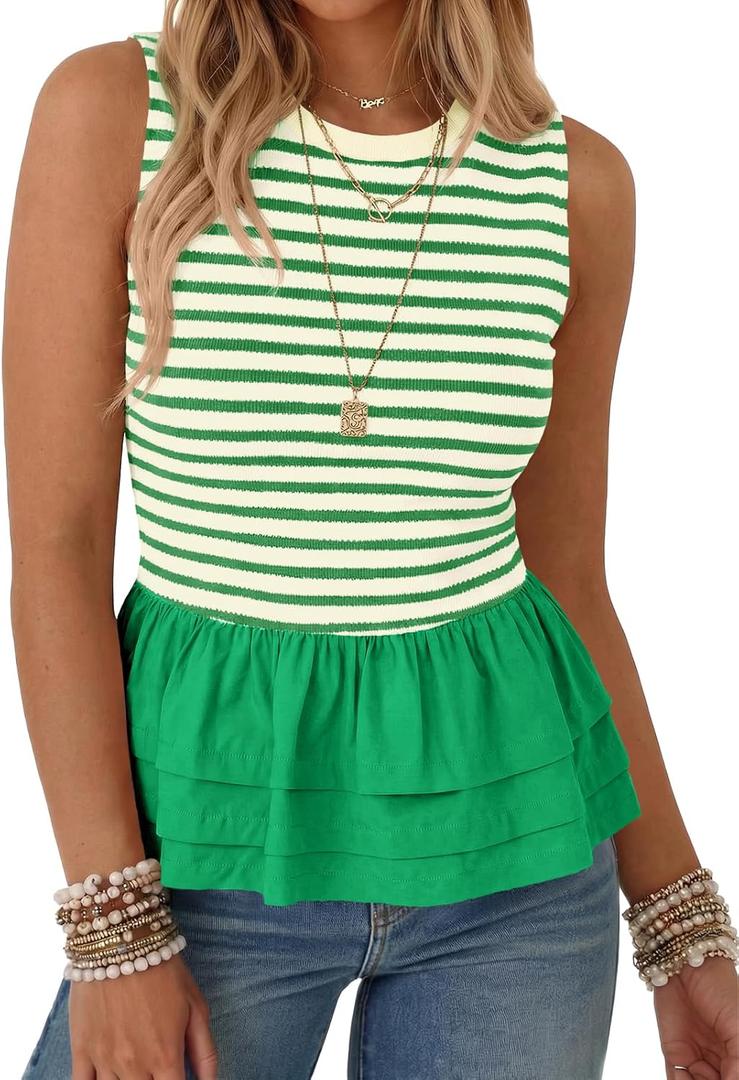 Tankaneo Womens Summer Striped Peplum Tank Tops (L)
