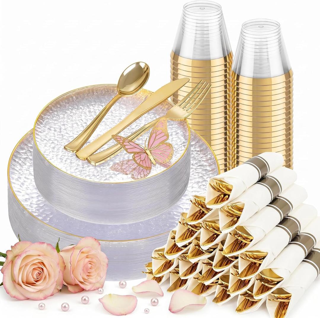 Hioasis 175pcs Clear Gold Plastic Plates - Clear Plastic Dinnerware Set Includes 25 Dinner Plate, 25 Dessert Plate, 25 Cups, 25 Napkins Perfect for Wedding & Party & Mothers Day