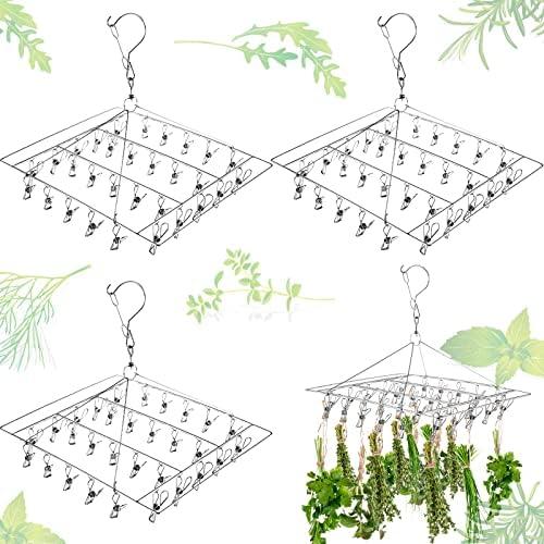 4 Pcs Hanging Drying Rack for Herb Macrame Flower with Stainless Clip Dryer Hook for Drying Herb Air Plants Spices Flower Hydroponic Plant Ready to Use with Ceiling Hook(Square)