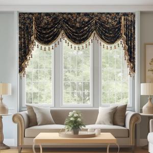 StangH Velvet Tassel Waterfall Valance for Windows, Gold Floral Print Short Tier Curtain Farmhouse Light Blocking Window Topper for Bedroom Living Room, W79 inches, 1 Panel (79"W x 40"L (Pack of 1), Floral Gold)