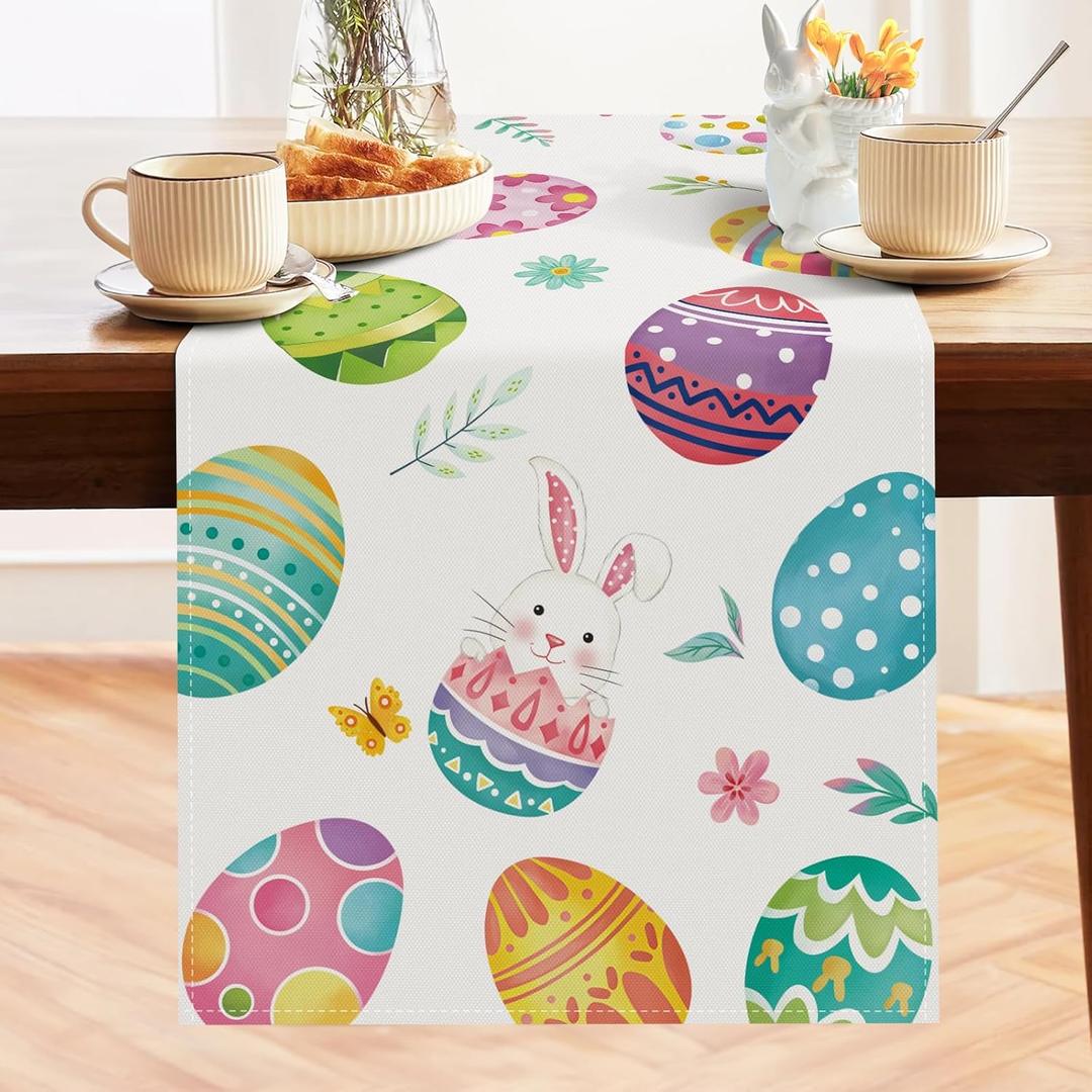 Bonhause Easter Eggs Table Runner 13x72 Inch Bunny Floral Spring Seasonal Holiday Kitchen Dining Table Decoration for Indoor Outdoor Home Party Decor (13"W x 72"L)