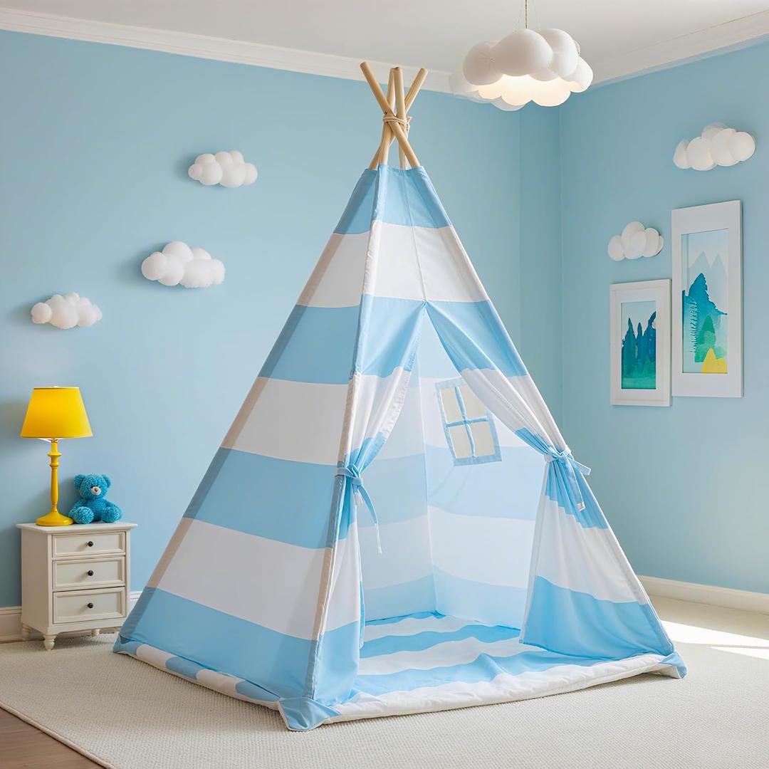 Teepee Tent for Kids with Padded Mat, Lights, and Carry Bag, Washable Playhouse for Indoor Use, Ideal Play Tent for Girls and Boys,Stripe Blue (Standard)