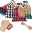 Shappy 24 Pcs Christmas Drawstring Bags Xmas Buffalo Plaid Burlap Candy Bags Linen Treat Bags with 32.8 ft Rope 24 Card(7 x 5 Inches,Assorted Color) (7 x 5 inches, Assorted Color)