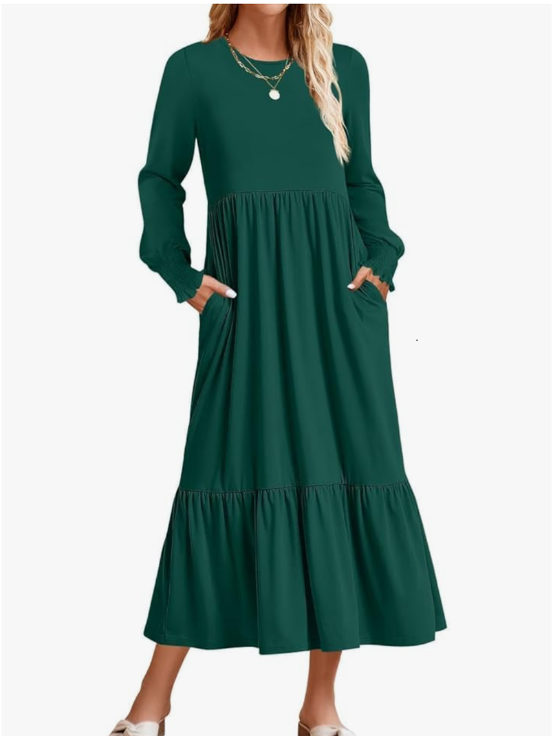 ZESICA Women's 2026 Spring Long Sleeve Dress Crewneck Casual A Line Pleated Tiered Flowy Trendy Midi Dresses with Pockets, Size L