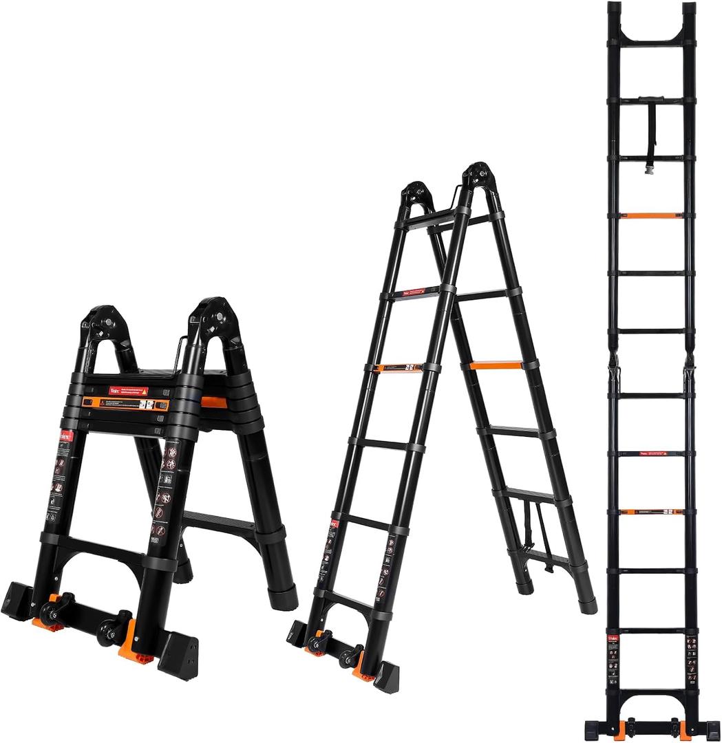 12.5 FT A Frame Telescoping Extension Ladder with Balance Bar & Wheels, Multi-Purpose Aluminum, Heavy Duty 330 lbs Max Capacity, Ideal for Home and Outdoor Work, Black