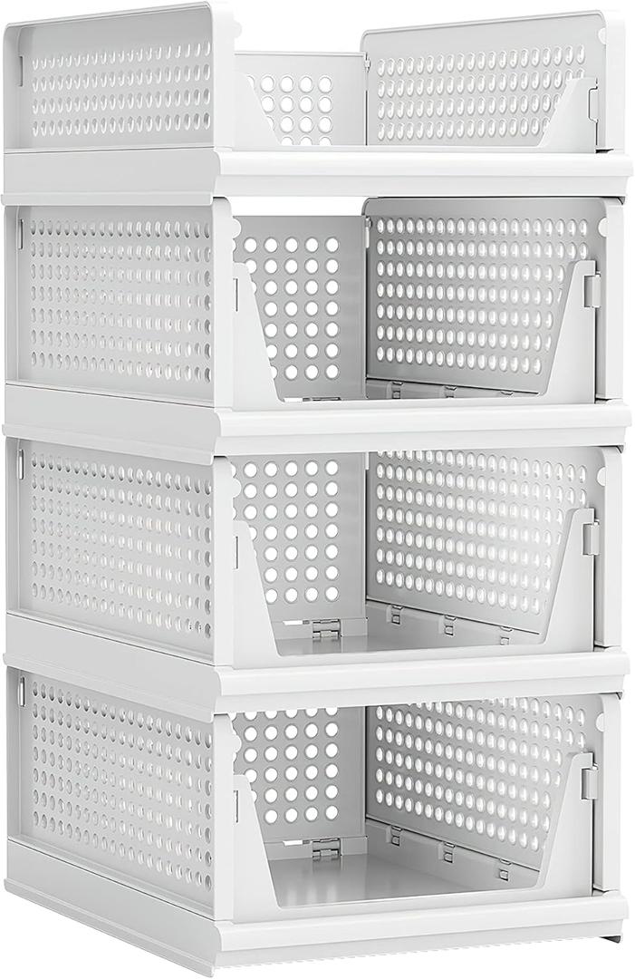 4 Pack Stackable Plastic Storage Basket Closet Organizer Bin Foldable Clothes Organizer Storage Drawer Shelf Container for Living Room Bathroom Kitchen Office (3L+1S)