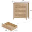 Keehusux Rattan Nightstand with Charging Station, 23.6" Wide Bedside Table with 3 Drawers, Boho Night Stand with Metal Handles, Accent End Table for Bedroom, Guest Room, Natural