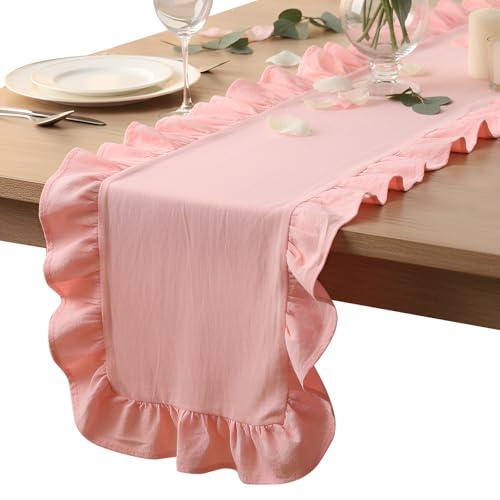 Oudain Pink Ruffle Table Runner Cotton Fabric 118 x 13.8'' Farmhouse Rustic Ruffled Edge Table Runner Wedding Decor for Spring Baby Shower Bridal Shower Party