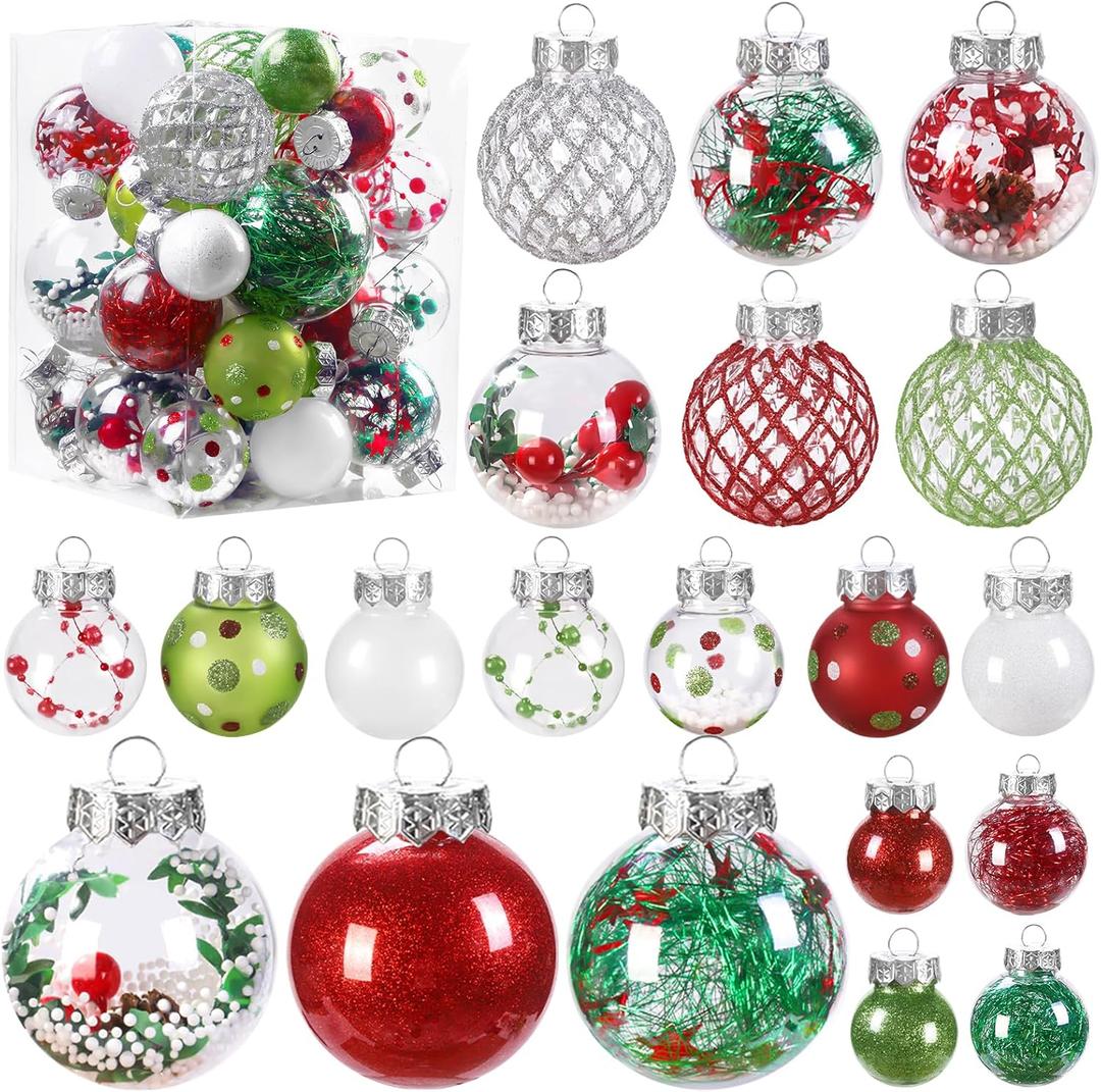 Teeanzo 30Pcs Clear Christmas Tree Ball Ornaments Set, Multi-Size Plastic Balls Red Green White Colorful Variety Shatterproof Ornaments with Hanging Loops for Xmas Tree Decoration Home Holiday Party