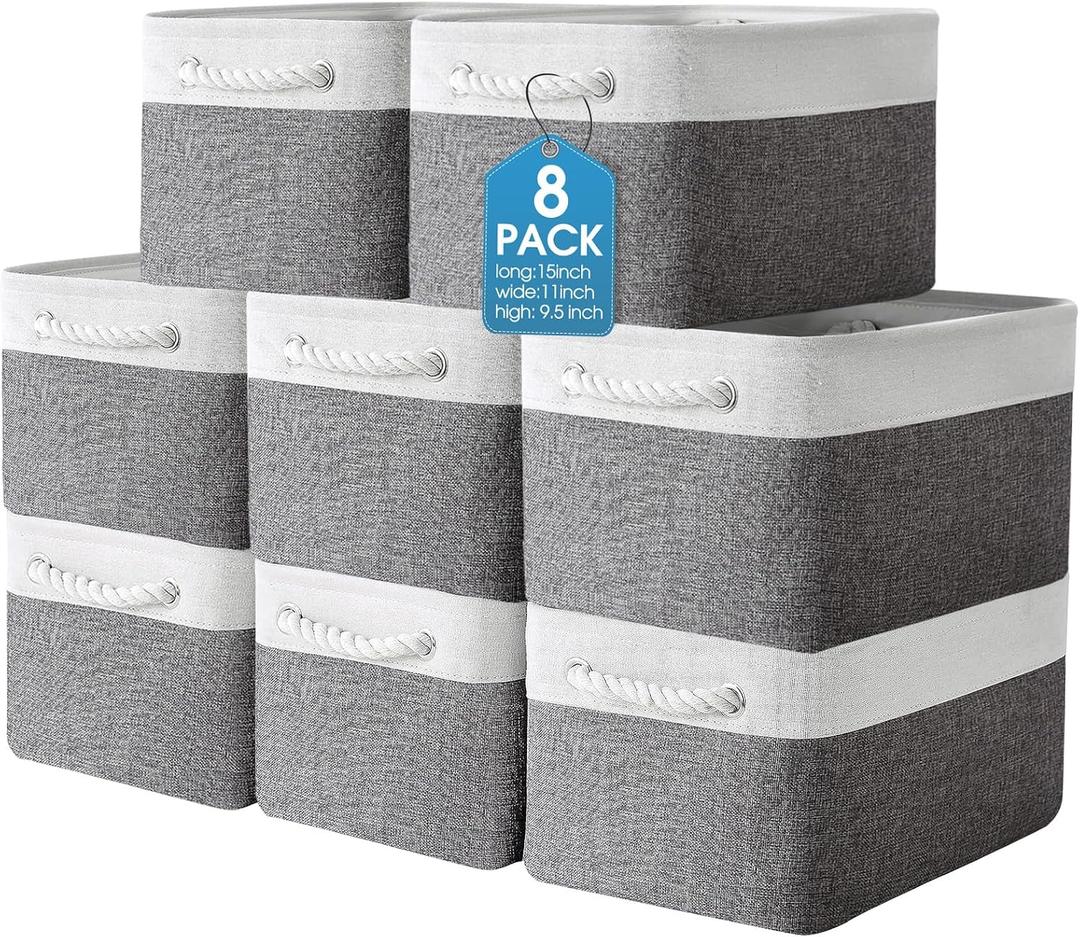 meekoo 8 Pack Collapsible Storage Bins Fabric Storage Bins Polyester Fabric Baskets with Handles Linen Closet Organizer for Shelf Home Closet Towels Toys(15 x 11 x 9.5 in,Gray White)