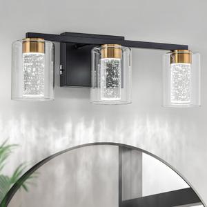 SineRise 3-Light Black and Gold Vanity Light with 3 Color Modes (3000K/4000K/6000K), Eye Protection LED Bathroom Light Fixture, Dimmable Modern Wall Light Over Mirror with Clear Glass Shade SineRise 3-Light Black and Gold Vanity Light with 3 Color Modes (3000K/4000K/6000K), Eye Protection LED Bathroom Light Fixture, Dimmable Modern Wall Light Over Mirror with Clear Glass Shade