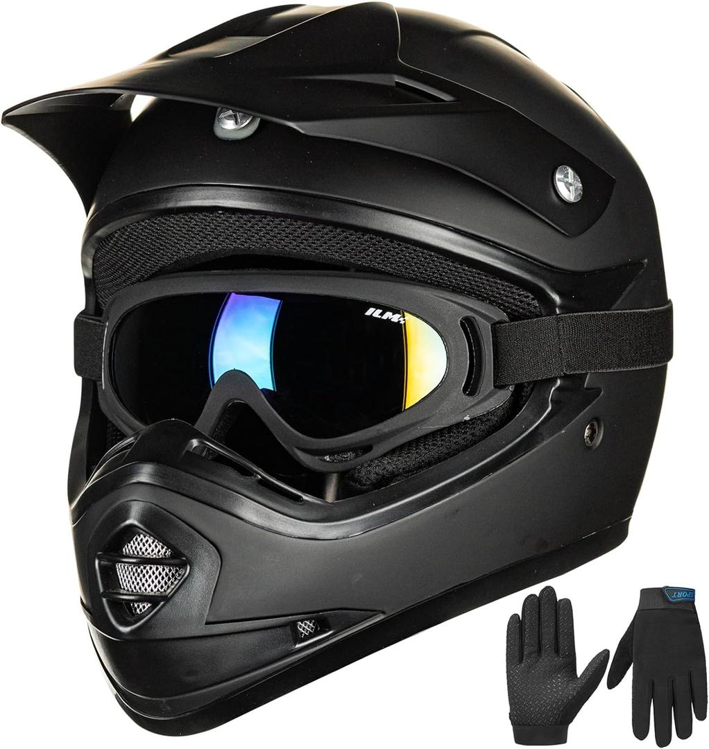 ILM Youth Kids ATV Motocross Helmet Goggles Sports Gloves Dirt Bike Motorcycle Off Road DOT Approved B07 (Youth-S, Matte Black)
