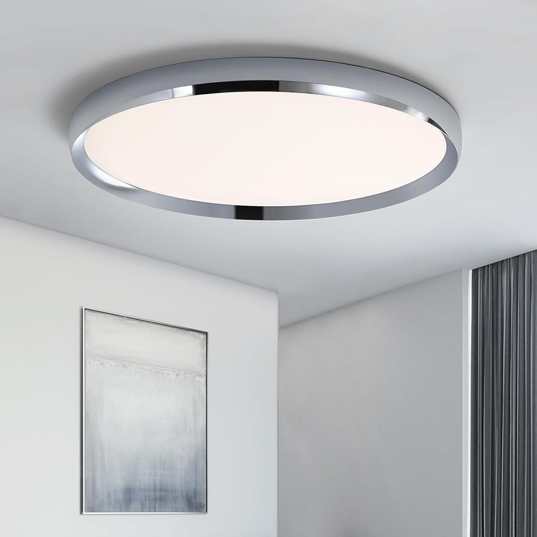 Modern Bathroom LED Ceiling Light, 19inch Chrome Round Flush Mount Ceiling Light, Dimmable 3000K-6000K, 40W, Ultra-Thin Minimalist Office Lighting for Living Room, Bedroom, Kitchen, Hallway