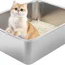 Stainless Steel Cat Litter Box for Large Cats - 17.5"x13.6"x6.1" High-Sided Metal Tray, Anti-Splash & Odor Resistant, Durable Rustproof Design, Easy to Clean 2Pcs