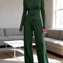 Women's 2 Piece Sweatshirt Sets Long Sleeve Scoop Neck Crop Top Wide Leg Tracksuits Casual Lounge Set (Green, M)