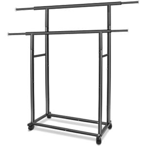 Black Simple Standard 2 Double Rod Clothing Metal Garment Rack for Hanging Clothes, Rolling Clothes Organizer with Mobile Lockable Wheels
