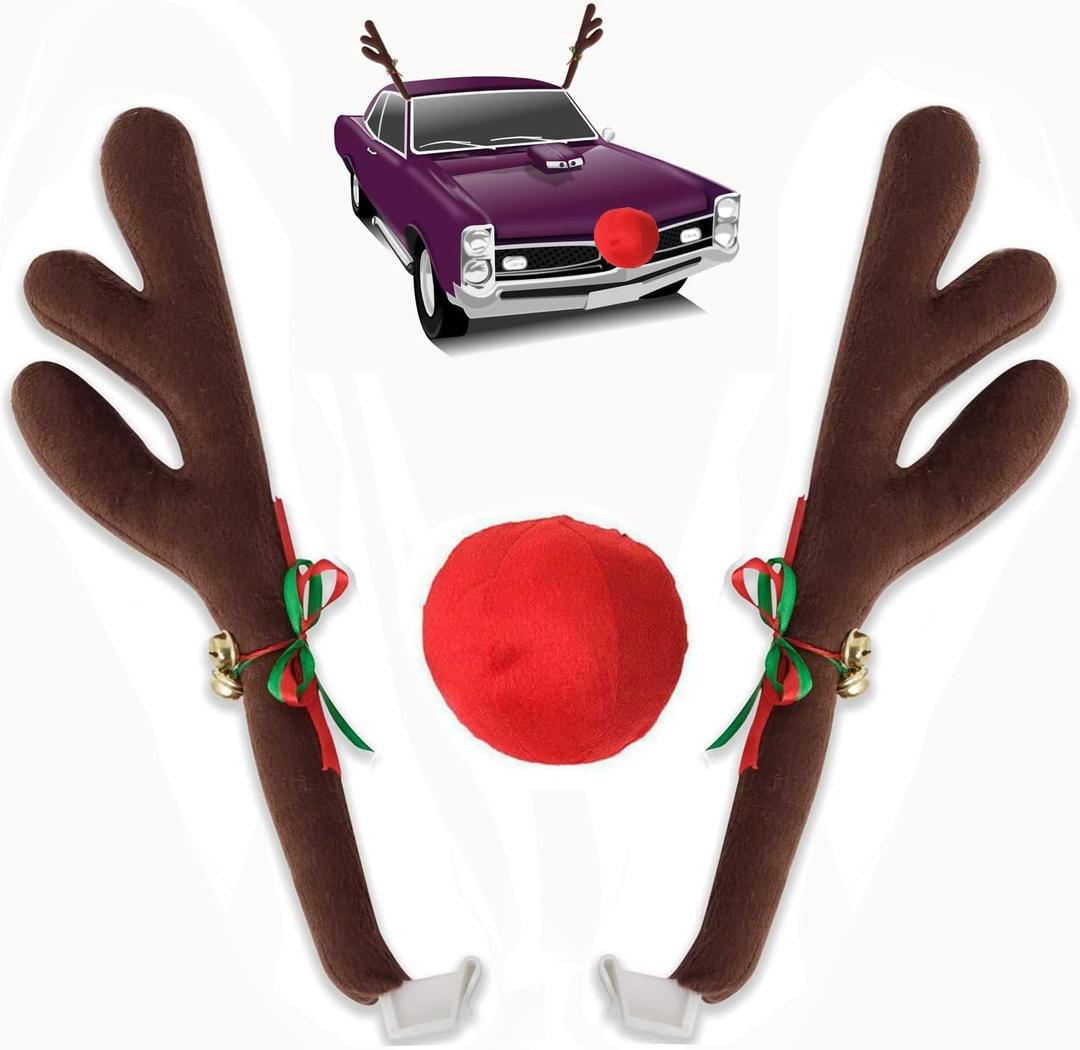 Reindeer Antlers for Cars with Red Nose, Jingle Bells & Tail - Christmas Car Decorations for Cars SUV Truck Premium Antlers Kit, Vehicle Ornament Set for Auto Accessories, Xmas Holiday Decor