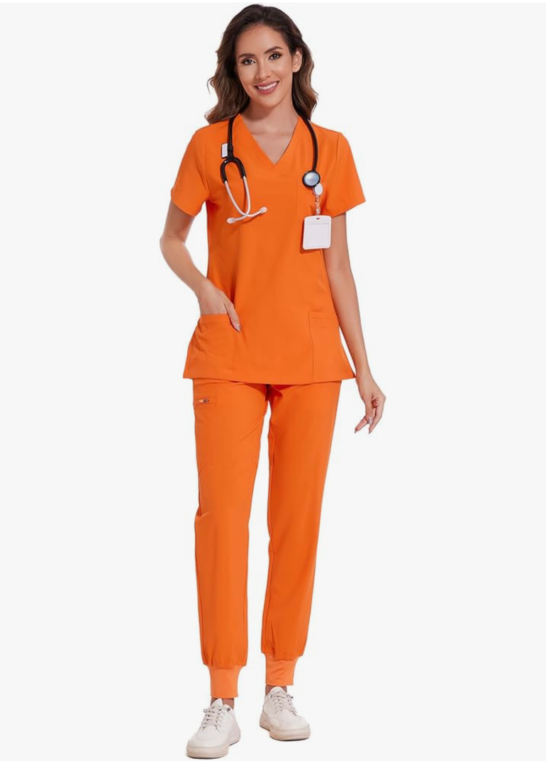 COZYFIT Scrubs for Women Set - Stretch V-Neck Scrub Top & Jogger Pant with 8 Pockets L