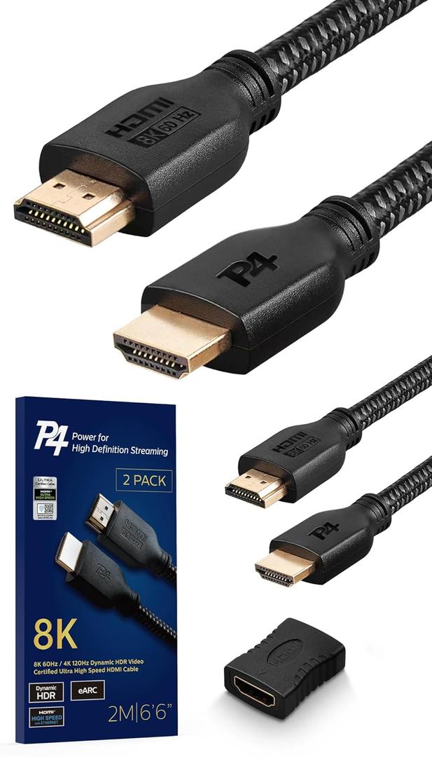 8K Certified HDMI 2.1 Cable 6.6Ft, 2-Pack with Bonus Female to Female Coupler - Ultra High Speed Braided Cord for PS5, Xbox, Apple TV, and More! 8K Certified HDMI 2.1 Cable 6.6Ft, 2-Pack with Bonus Female to Female Coupler - Ultra High Speed Braided Cord for PS5, Xbox, Apple TV, and More!