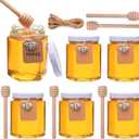 6 oz 6 Pack Hexagon Glass Honey Jars, Glass Jars with White Lids,Silver Bee Pendants,Wooden Honey Sticks,Small Tags,1.5m Jute Twine -Clear Hexagon Jars for Honey,Jams, Liquid