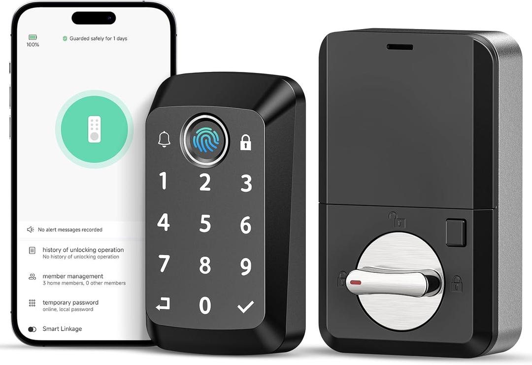 Keyless Entry Door Lock with Doorbell, Fingerprint Smart Locks for Front Door, Electronic Keypad Deadbolt with Built-in Wi-Fi APP Control, Auto Lock-Control, 915MHz Connection, Matte Black