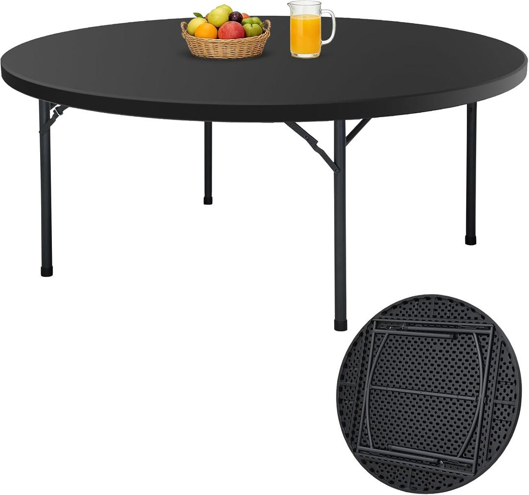 MAKE CHANGES 48" Folding Round Table, Heavy Duty Plastic Commercial Dinner Table with Foldable Steel Legs, Portable Banquet Table for Party, Events, Office, Indoor, Outdoor, Black
