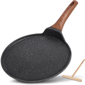 ESLITE LIFE 9.5 Inch Crepe Pan with Spreader, Nonstick Granite Coating Dosa Pan, Roti Tawa Comal Para Tortillas Pancake Griddle Pan, Induction Compatible, PTFE & PFOA Free, Black