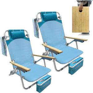WKFAMOUT 2 Pack Low Backpack Beach Chair with Folding Bamboo Table for Adults, 5-Position Lay Flat Reclining Chair, Lightweight with Cooler Bag, Supports 265 lbs, Cyan