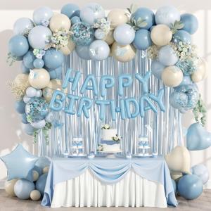 Blue Birthday Decorations for Women with Dusty Light Blue Confetti Sand White Foil Balloons Fringe Curtain Happy Birthday Banner for Birthday Party Decorations