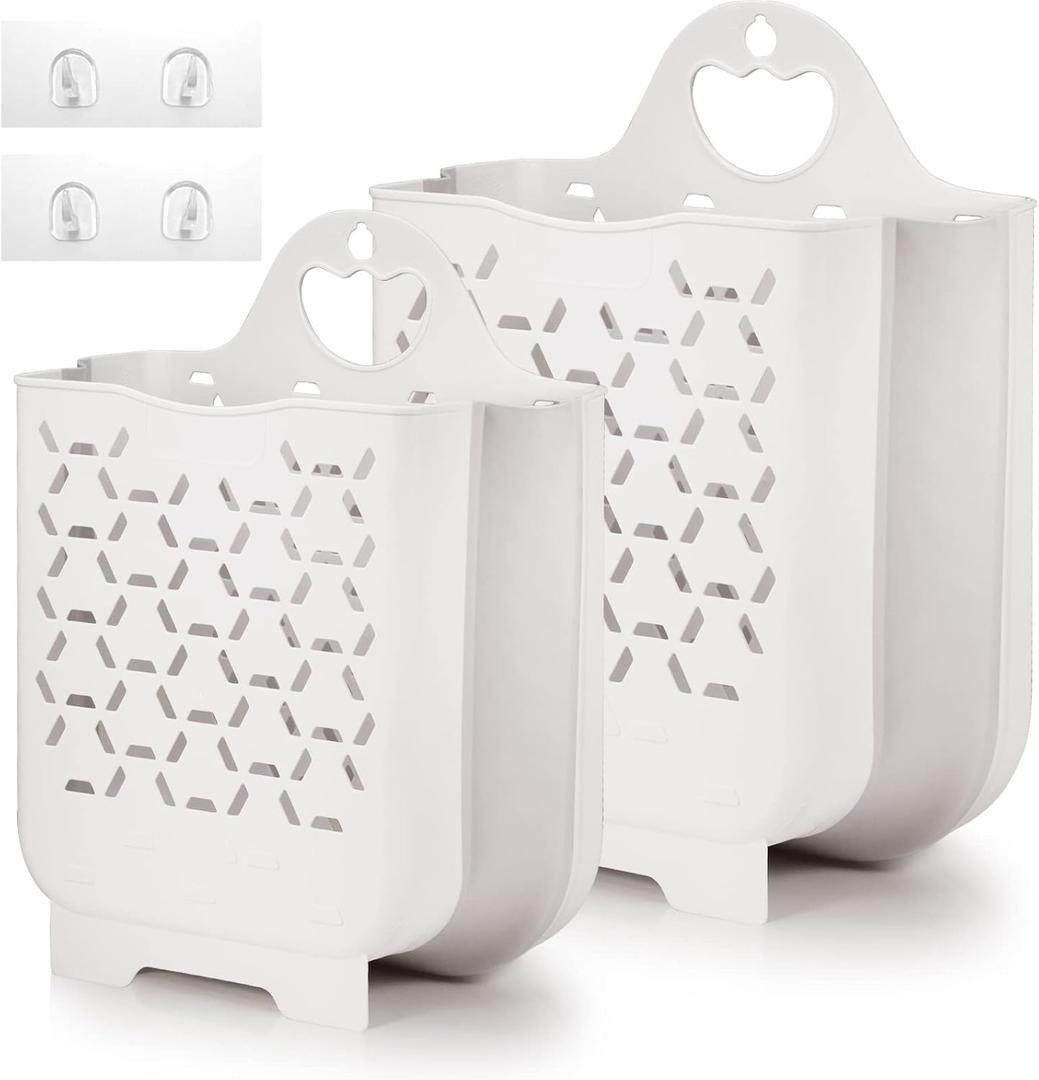 Laundry Basket Collapsible Laundry Hamper 2 Packs Clothes Hamper Portable Dirty Clothes Basket Smart Saving Space Hampers for Laundry Dorm Room Ventilated Design (White)