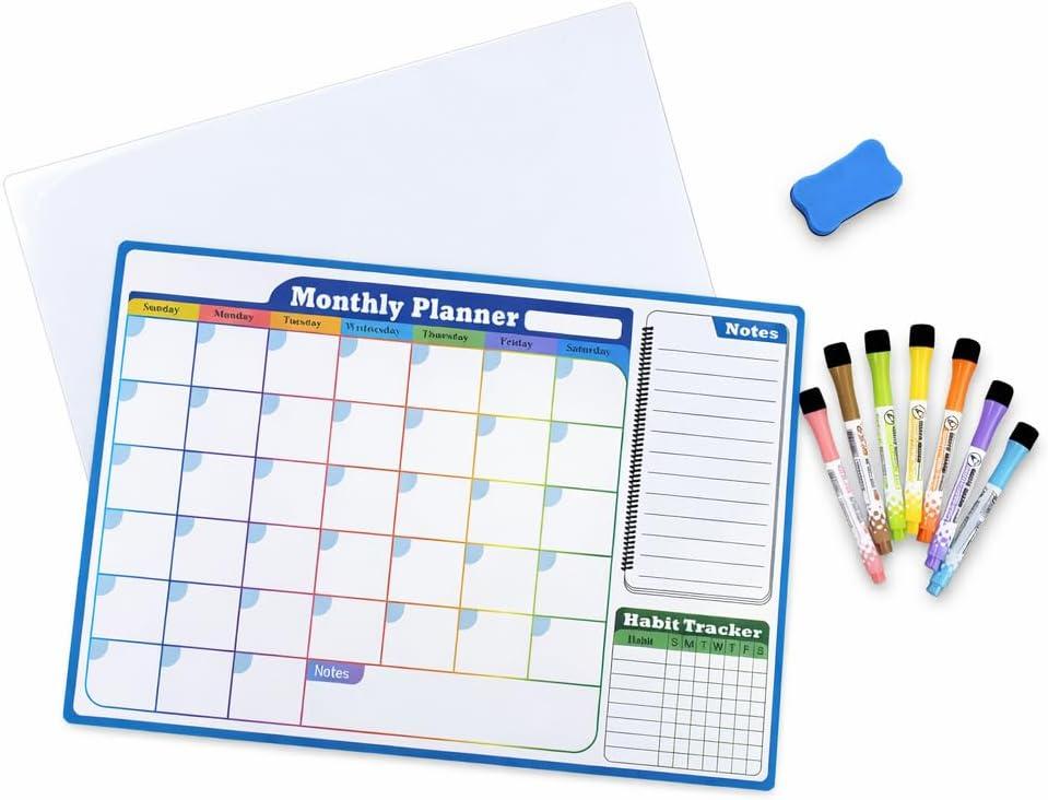 Magnetic Dry Erase Calendar Whiteboard Set  Monthly Weekly Planner, Habit Tracker, Grid & Blank Boards with 7 Markers & Eraser, Fridge Magnet Organizer for Home & Office Gift