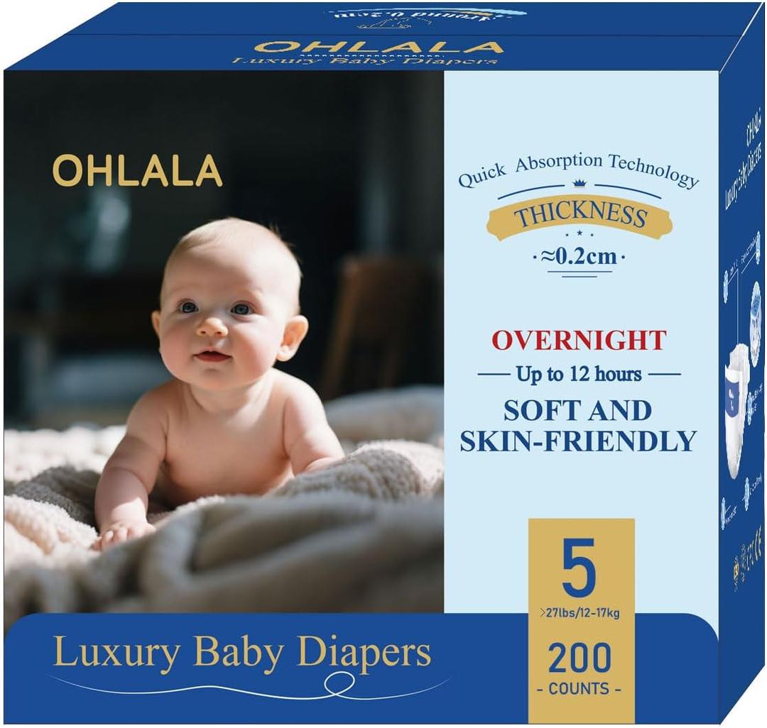 OHLALA Luxury Diapers Size 5 200 Count 27+ lbs Skin-Friendly & Leakproof Hypoallergenic Fragrance-Free Lightweight 4 Pack