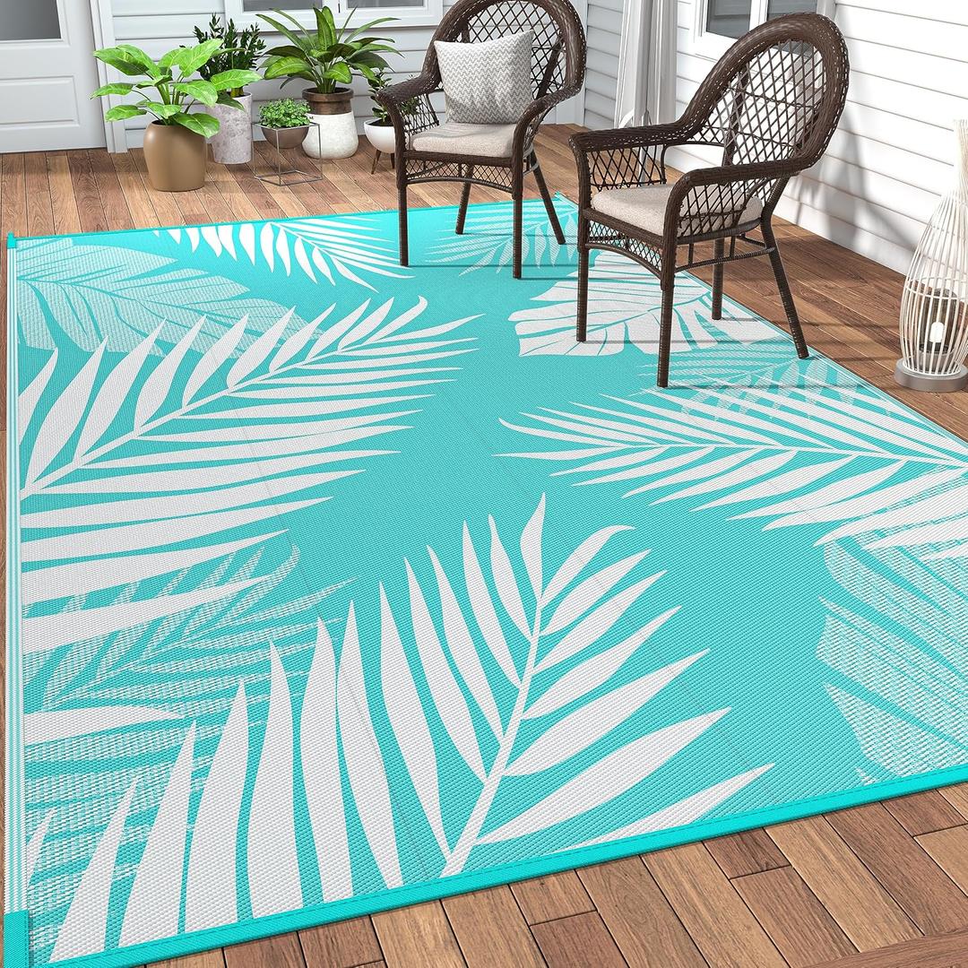 GENIMO Outdoor Rug 5' x 8' Waterproof for Patios Clearance, Reversible Outdoor Plastic Straw Camping Rug Carpet, Large Area Rugs Mats for RV, Picnic, Backyard, Deck, Balcony, Porch, Aqua Blue&White