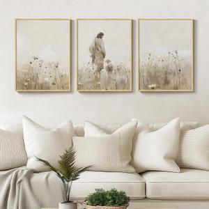 Framed Christian Wall Art Set of 3, Neutral Beige Wildflower Field Jesus and Lost Sheep Prints, Religious Inspirational Scripture Artwork Decor for Living Room Bedroom Prayer Room, 12x16 Inch