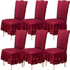 Qubjus Chair Covers for Dining Room Set of 6 Stretch Chair Slipcovers with Skirt Removable Washable Kitchen Chair Protector Cover Set for Home, Party, Wedding(Burgandy, 6pcs)