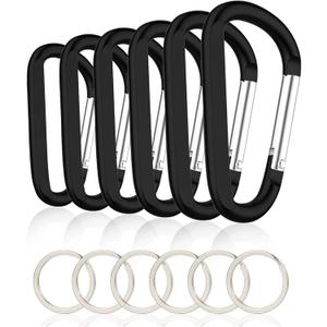 6PCS Black Carabiner Caribeaner Clip,3" Large Aluminum D Ring Shape Carabeaner with 6PCS Keyring Keychain Hook